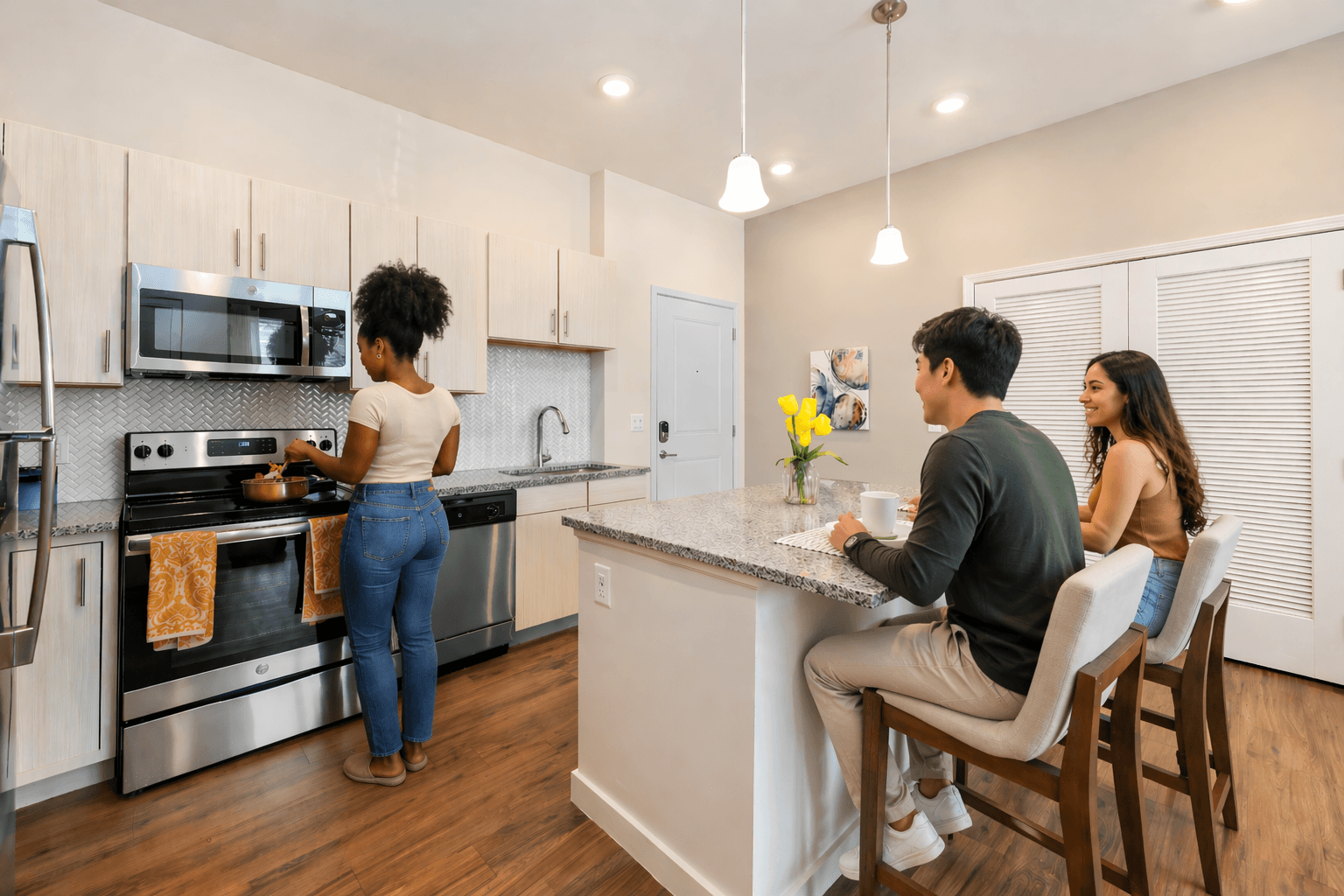 Three people are sitting at a kitchen island.